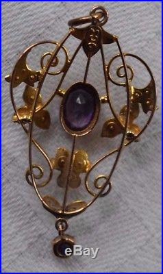 Antique Edwardian Dark Amethyst and Seed Pearl 9ct Gold Pendant. No chain
