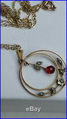 Antique Necklace 9ct Gold 1890 Lavalier Pendant 20 9ct Chain Ruby & Seedpearl