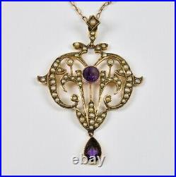Antique Victorian 9ct Gold Amethyst Seed Pearl Lavaliere Pendant & Chain, c1880