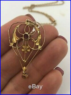 Antique Victorian 9ct Gold'Angel Wings' With Rubellite Tourmaline + 17 Chain
