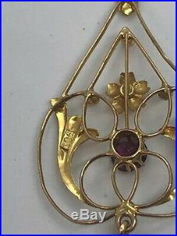 Antique Victorian 9ct Gold'Angel Wings' With Rubellite Tourmaline + 17 Chain