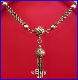 Antique Victorian 9ct Gold Chain Ball Orb Tassels Fob Pendant Necklace Engraved
