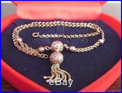 Antique Victorian 9ct Gold Chain Ball Orb Tassels Fob Pendant Necklace Engraved
