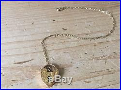 Antique Victorian 9ct Gold Heart Padlock Necklace Pendant Engraved Trace Chain