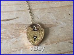 Antique Victorian 9ct Gold Heart Padlock Necklace Pendant Engraved Trace Chain