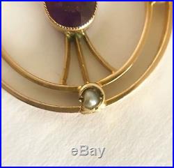 Antique Victorian Art Nouveau 9ct Gold Amethyst & Seed Pearl Pendant & Chain