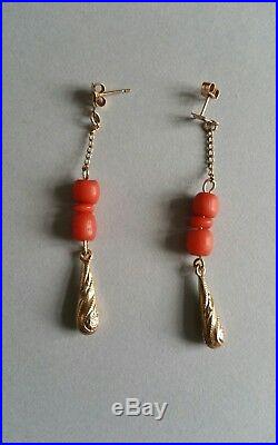 Antique Victorian Calved Design 9ct Gold Natural Coral Drop Chain Earrings
