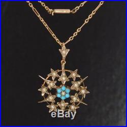 Antique Victorian Edwardian 9ct Gold Seed Pearl Turquoise Star Pendant Chain