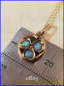 Antique Victorian edwardian opal Ruby Rolled Gold Pendant 9ct gold chain 18
