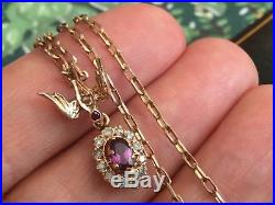 Antique/Vintage 9ct gold Natural Ruby+Rose Cut Diamonds, Bird pendant Chain 21