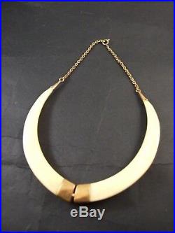 Antique Wild Boar Tusks Trophy Necklace w 9ct. Rose Gold Fitting & Chain 1900's