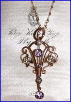 Art Nouveau 9 ct gold amethyst and seed pearl pendent on 20 chain antique