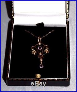 Art Nouveau 9 ct gold amethyst and seed pearl pendent on 20 chain antique