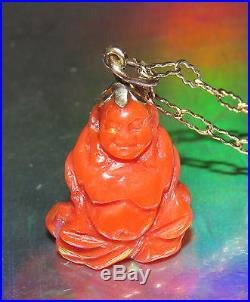 BEAUTIFUL SECONDHAND9ct GOLD RED CORAL BUDDHA CHARM/ PENDANT ON CHAIN 61.5cm