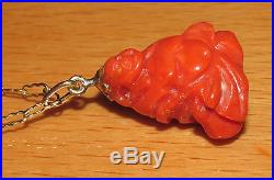 BEAUTIFUL SECONDHAND9ct GOLD RED CORAL BUDDHA CHARM/ PENDANT ON CHAIN 61.5cm
