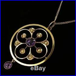 Beautiful Antique Edwardian 9ct Gold, Amethyst & Pearl Pendant On 9ct Chain