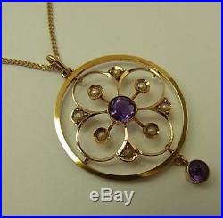 Beautiful Antique Edwardian 9ct Gold, Amethyst & Pearl Pendant On 9ct Chain