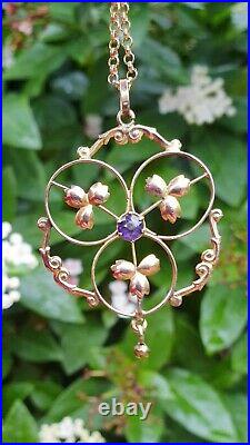 Beautiful Art Nouveau 9ct Gold Amethyst Lavalier Pendant with 9ct Gold Chain