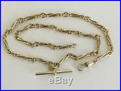 Beautiful Gents Vintage 9ct Gold Trombone Link Albert Chain Necklace With T-bar