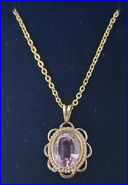 Beautiful Solid 9ct Yellow Gold Pendant Oval Amethyst On 16 Chain Necklace