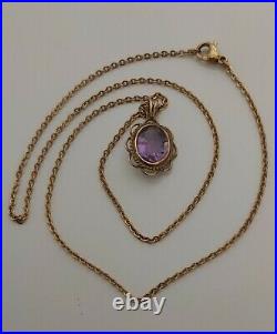 Beautiful Solid 9ct Yellow Gold Pendant Oval Amethyst On 16 Chain Necklace