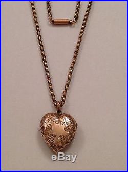 Delightful Antique 9ct Gold Engraved Puffy Heart Hinged Locket & 9ct Chain