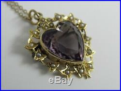 EXQUISITE ANTIQUE 9ct GOLD HEART SHAPED AMETHYST SEED PEARL PENDANT CHAIN BROOCH