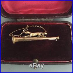Edwardian 9ct Gold Hunt Brooch Stock Pin Fox & Hunting Horn Safety Chain & Box