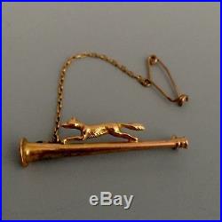 Edwardian 9ct Gold Hunt Brooch Stock Pin Fox & Hunting Horn Safety Chain & Box