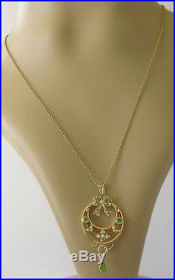 Edwardian 9ct Gold Peridot & Seed Pearl Pendant & 9ct Gold Chain 18inches