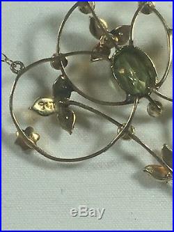 Edwardian 9ct Gold Peridot Seed Pearl Pendant & Chain Necklace