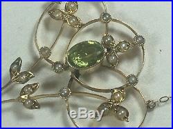Edwardian 9ct Gold Peridot Seed Pearl Pendant & Chain Necklace