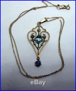 Edwardian 9ct gold aquamarine pendant / lavaliere on fine 9ct gold chain
