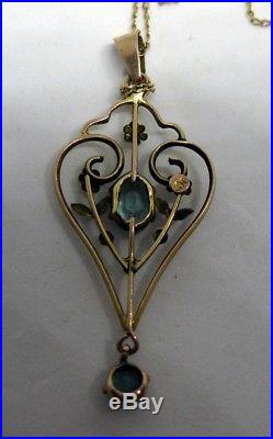 Edwardian 9ct gold aquamarine pendant / lavaliere on fine 9ct gold chain