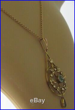Edwardian 9ct gold blue topaz, aquamarine, multi seed pearl pendant & gold chain