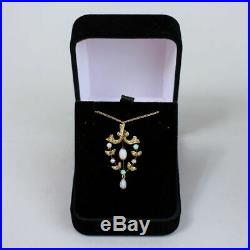 Edwardian Antique 9 Ct Gold Opal & Seed Pearl Pendant On A 9 Ct Chain 2.8 G
