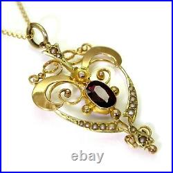 Edwardian Rhodolite Garnet & Pearl 9ct Rose Gold Necklace Pendant 16 Chain