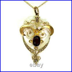 Edwardian Rhodolite Garnet & Pearl 9ct Rose Gold Necklace Pendant 16 Chain