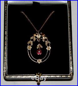 Edwardian pink stone & seed pearl 9 ct gold pendant on gold chain