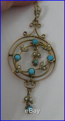 Edwardian turquoise and seed pearl pendant / lavaliere on fine 9ct gold chain