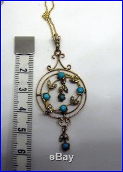 Edwardian turquoise and seed pearl pendant / lavaliere on fine 9ct gold chain