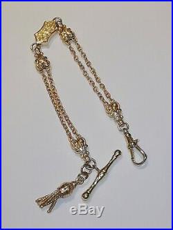 FANCY YELLOW GOLD BRACELET 9ct 375 Albert style double chain T-bar tassel ornate