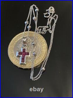 Fabulous 9ct Solid White Gold Station Chain & 14ct Ruby Cross Pendant Necklace