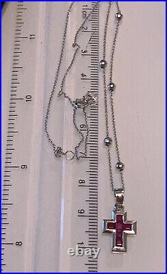 Fabulous 9ct Solid White Gold Station Chain & 14ct Ruby Cross Pendant Necklace