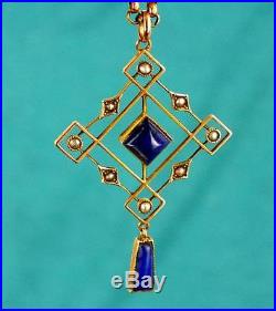 Fine 9ct Gold Lapis Lazuli & Seed Pearl Drop Pendant + 9ct Chain WHW Ld 7.1g