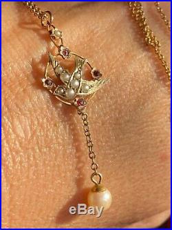 Fine, Antique 9ct gold swallow Bird, Seed Pearl Ruby pendant Chain Cultured Pearl