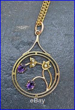 Fine Edwardian 9CT GOLD, Amethyst & Seed Pearl Floral PENDANT Free 18 Chain