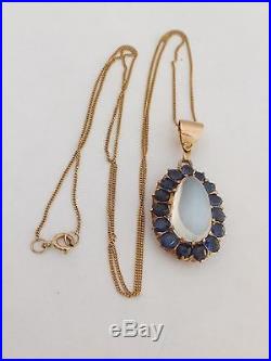 Fine art deco moonstone and sapphire 14ct gold pendant on 9ct gold chain 14k 585