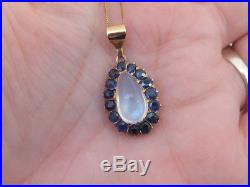 Fine art deco moonstone and sapphire 14ct gold pendant on 9ct gold chain 14k 585