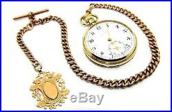 Gents/mens 9ct gold Vertex antique pocket watch and rose gold Albert chain + fob